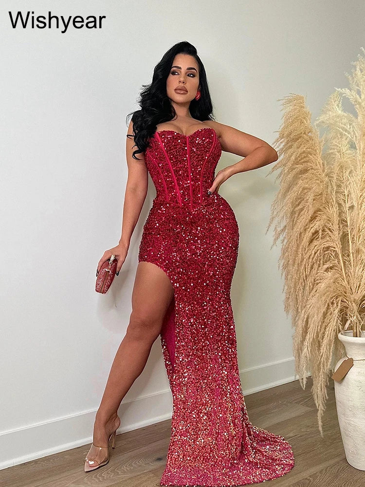 Wishyear Sequined Strapless Tunic High Side Split Bodycon Midi Maxi Dress for Women Wedding Sexy Club Even Party Birthday Luxury