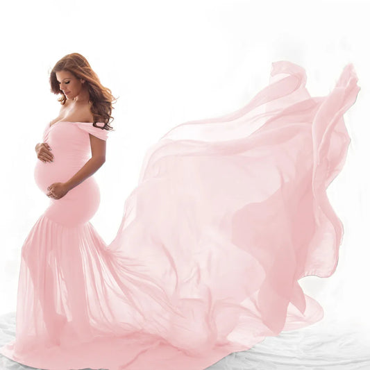 Maternity Gown Mercerized cotton with chiffon pregnant women fluttering tail fluttering sleeves dress long  photography dress