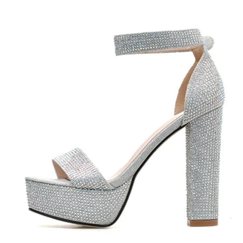 Liyke New Fashion Silver Rhinestone Platform Sandals Summer Open Toe Ankle Strap Square High Heels Women Party Wedding Shoes