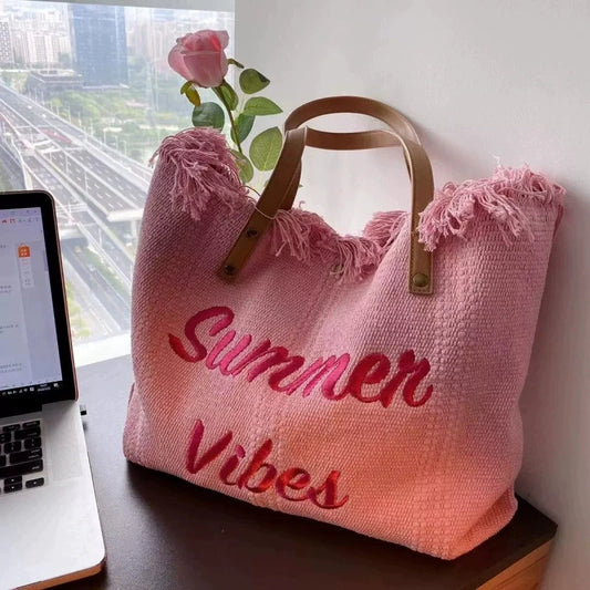 Handbag Woman Bag Summer Simple Niche Travel Beach Tote Bag Tassel Letter Embroidery Fashion Large Capacity Shoulder Bags 2025
