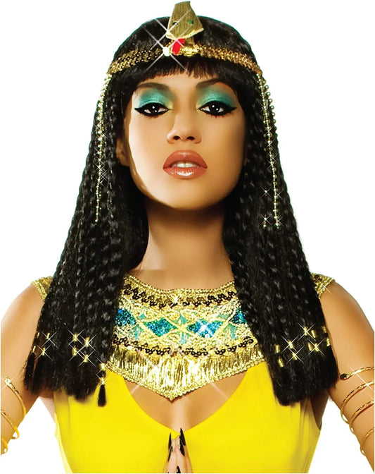 Cleopatra Wig Woman Egypt Queen Black Hair Gold Beads Cleopatra Accessorie Headpie Dance Halloween Party Role Play Cosplay Wigs