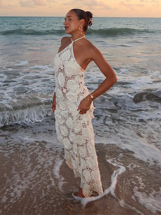 Fashion Flower Knitted Long Dress For Women Halter Sleeveless Transparent Slim Robes 2025 Summer Elegant Female Beach Dresses