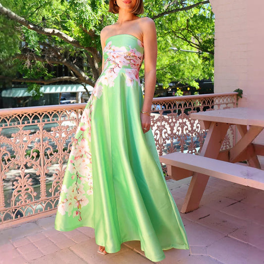 Women Fashion Floral Print Beach Long Dress Casual Sleeveless Hight Waist Party Dress Elegant Strapless Pleated Slim Bohe Dress