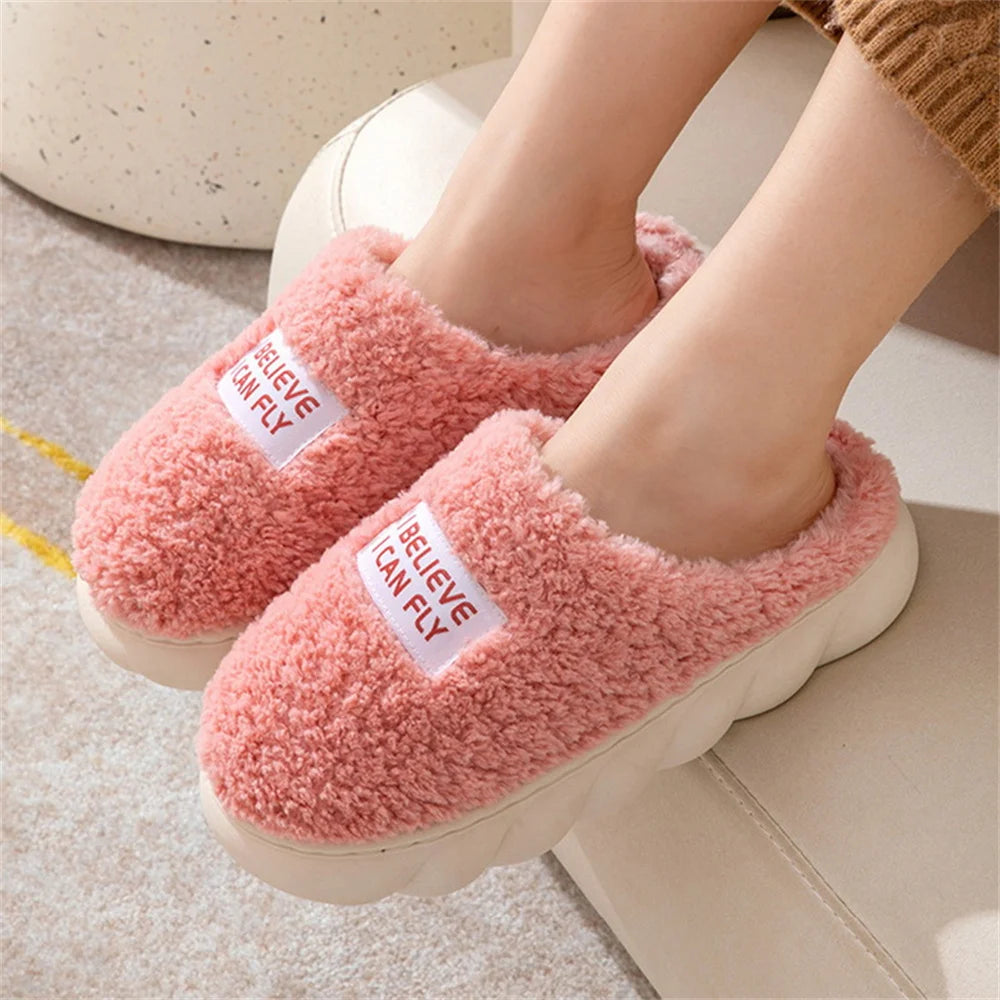 Thick Sole Home Indoor Outside Men And Women Couples Winter Household Warm Fluffy Slippers High Heels Plush Cotton Shoes Ladies