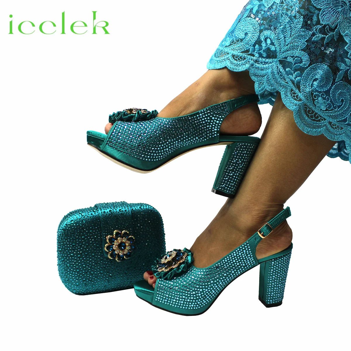 Teal Italian Design Summer Rhinestone Party High Heel Sandals for Nigerian Women Fashion High Quality Wedding Shoes and Bags Set