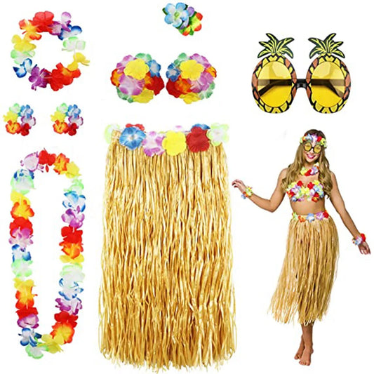 8 Pack Hula Skirt Costume Accessory Kit for Hawaii Luau Party Dancing Hawaii Theme Party Decoration for Birthday Wedding Party