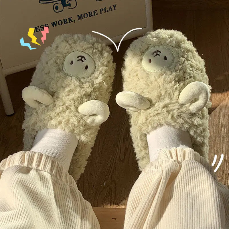 Comwarm Cartoon Plush Slippers For Women Men Winter Warm Fluffy Faux Fur Slippers Cute Sheep Indoor Home Couple Cotton Slippers