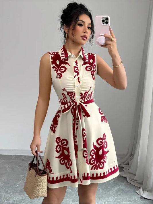 Summer New Fashion Casual Dress For Women Elegant Solid Sleeveless Turn-down Collar Lace Up Office Holiday Dresses Robe Femme