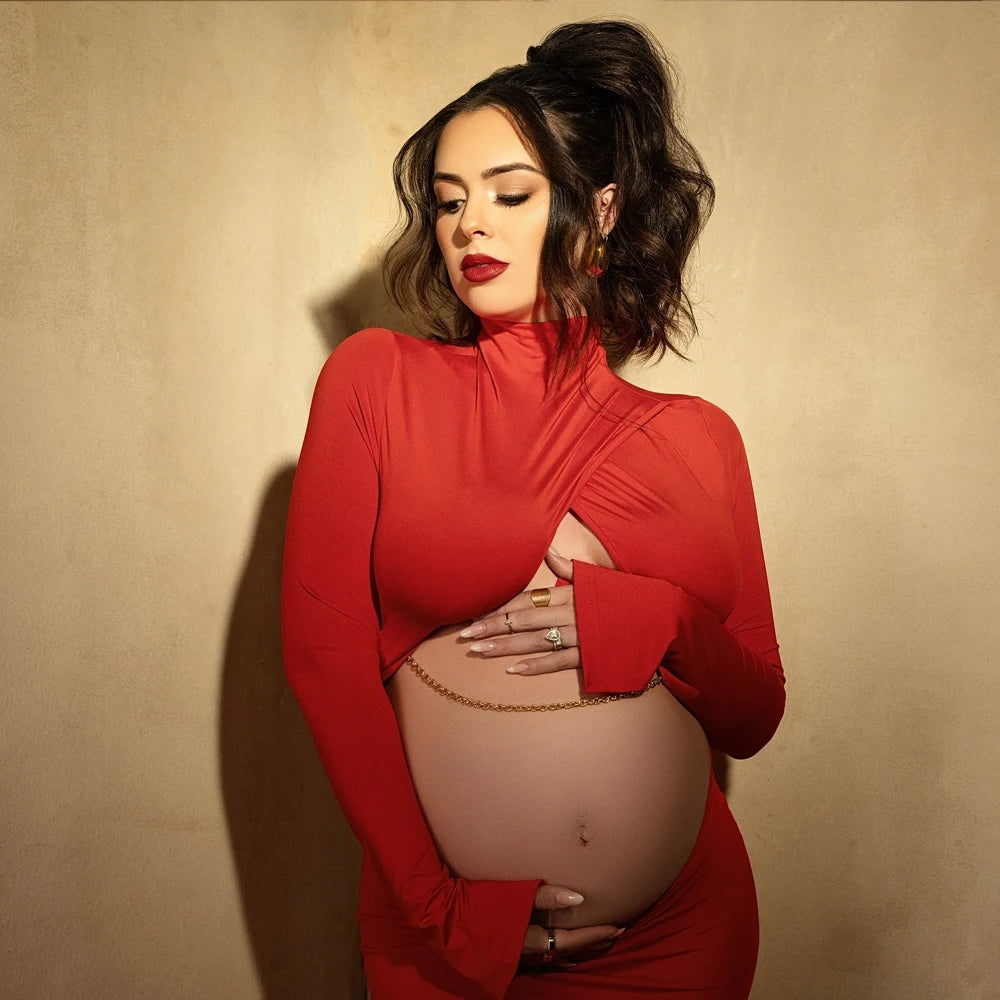 Sexy Elegant Maternity Photography Gown Expose Pregnant Belly Dress Photo Shoot Pregnant Red Floor Mopping Dress