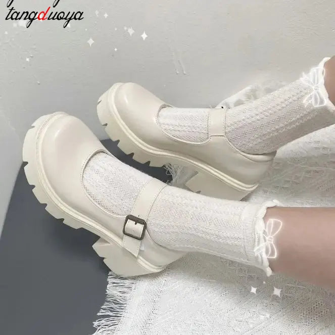 white lolita shoes Women platform mary jane Shoes japanese school JK High Heel Uniform Shoes Women Vintage buckle cosplay shoes