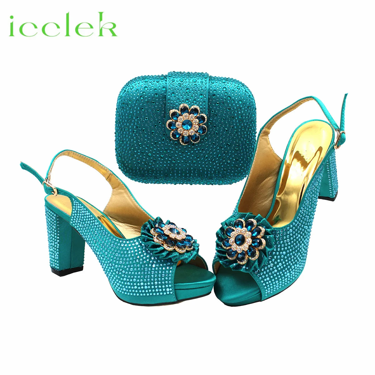 Teal Italian Design Summer Rhinestone Party High Heel Sandals for Nigerian Women Fashion High Quality Wedding Shoes and Bags Set