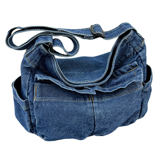 Women Stylish Crossbody Bag Large Capacity Denim Casual Satchel Bag Adjustable Strap Daily Tote Bag Multifunction Chic Hobo Bag