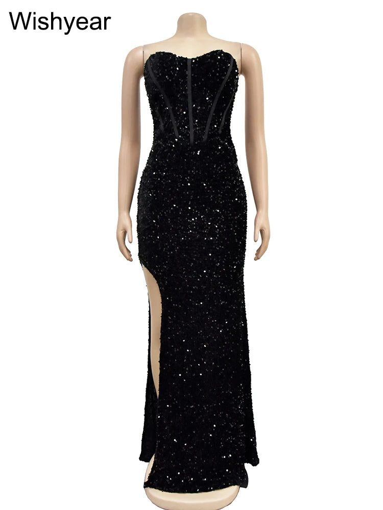 Wishyear Sequined Strapless Tunic High Side Split Bodycon Midi Maxi Dress for Women Wedding Sexy Club Even Party Birthday Luxury