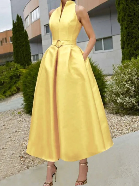 Women's Party Evening Elegant Dress Belted A-line 2025 New Summer Autumn Sleeveless V-neck Urban Office Commute Midi Dresses