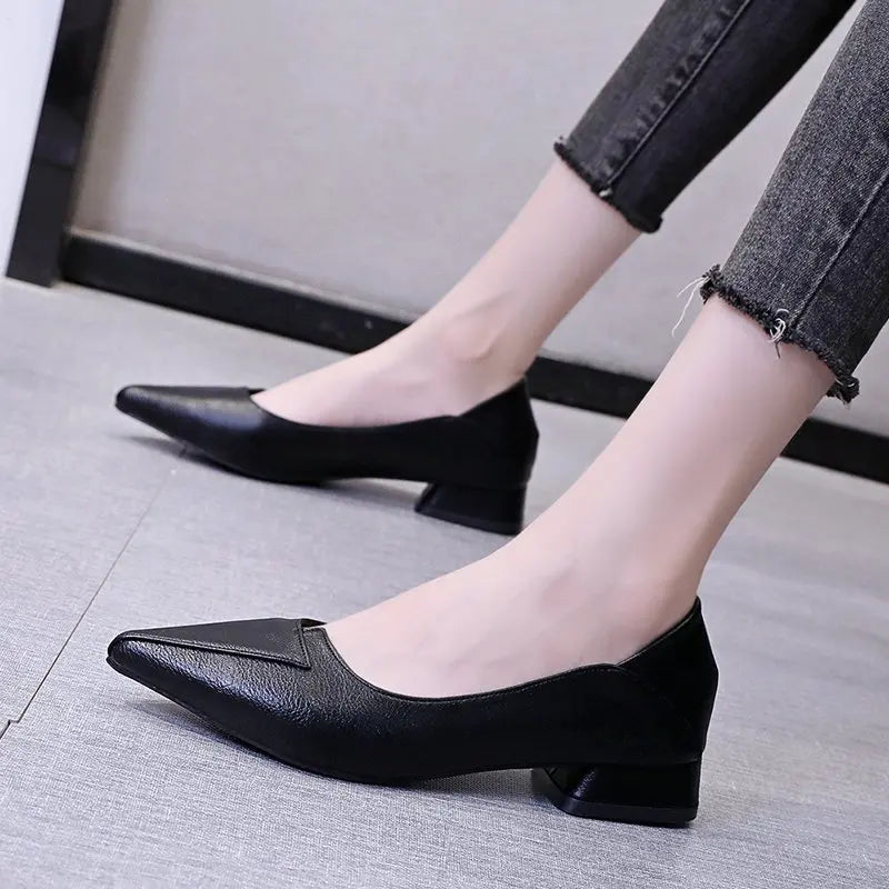 Women Leather Pumps Shoes Office Lady Med Square Heel Pointy Toe Slip on Work Shoes Classic Heel 4 Cm High Heels ShoesWomen