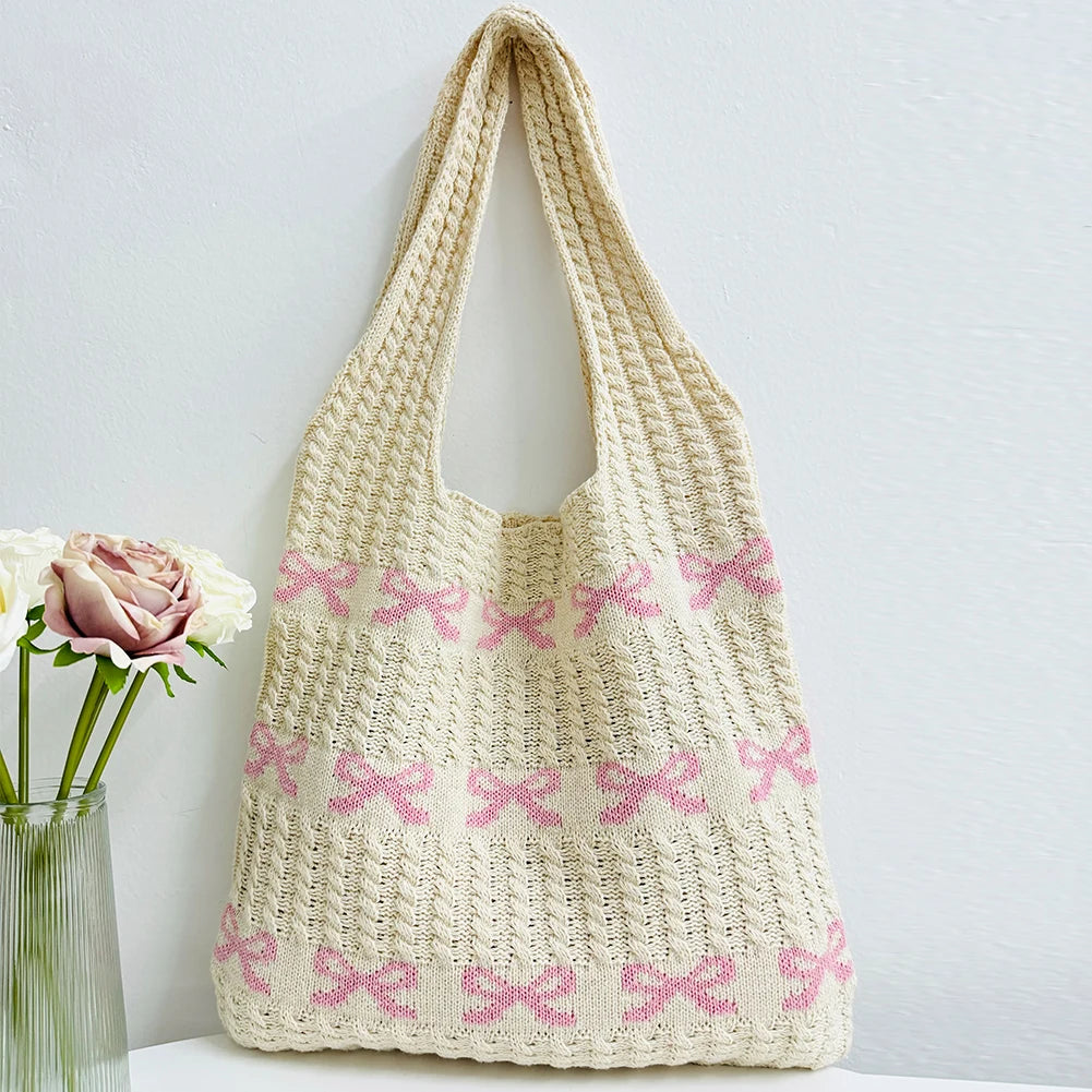 Women Aesthetics Handbag Large Capacity Bow Pattern Fashion Woven Bag Multifunctional Daily Shoulder Bag for Shopping Traveling