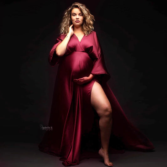 Maternity Photography Gown Elegant Soft Satin Chiffon Long Sleeved Dress Bohemian Photo Shooting Pregnancy Dress