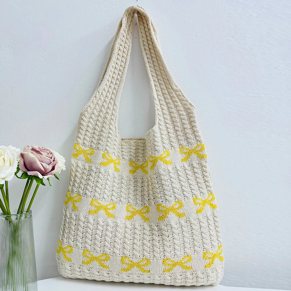 Women Aesthetics Handbag Large Capacity Bow Pattern Fashion Woven Bag Multifunctional Daily Shoulder Bag for Shopping Traveling