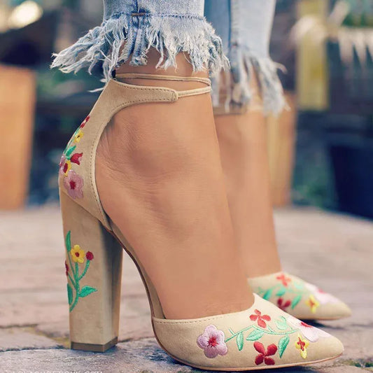 Women High Heels Plus Size Embroidery Pumps Flower Ankle Strap Shoes Female Two Piece Sexy Party Wedding Pointed Toe Shoes 10CM