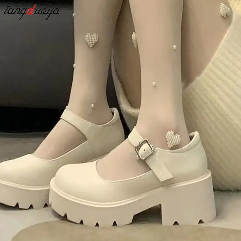 white lolita shoes Women platform mary jane Shoes japanese school JK High Heel Uniform Shoes Women Vintage buckle cosplay shoes