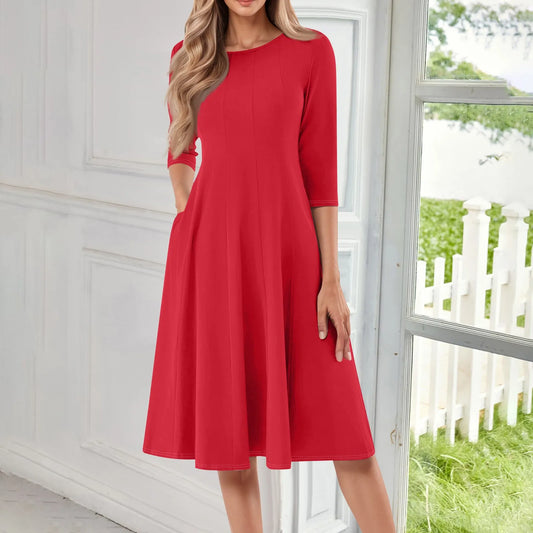 Women's Casual Dresses Fashion Autumn Round Neck Three Quarter Sleeve Solid Color Dress Vintage Elegant A-line Simple Costume