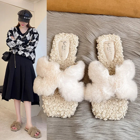 Fur Women Slippers Designer Autumn Winter Open Toe Wool Comfort Warm Shoes Fashion Flat Casual Outdoor Leisure Dress Slippers