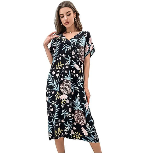 Women Fashion And Elegant Dress Floral Printed Long Dresses Summer Casual V Neck Floral Printed Short Sleeve Dresses