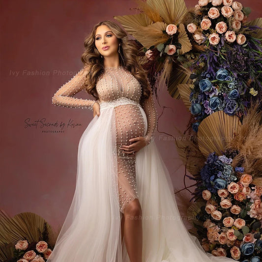 Maternity Photography Dresses Transparent Tulle Pearl Pregnancy Dress  Photo Shoot Photography Dress For Women
