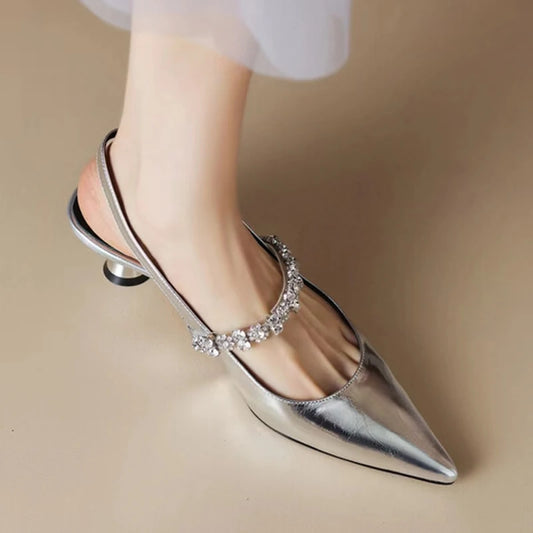 Summer Women Silver Back Clasp Sandals Famele High-Heeled Rhinestone Mary Jane Shoes Ladies Slingback Temperament Gold Pumps