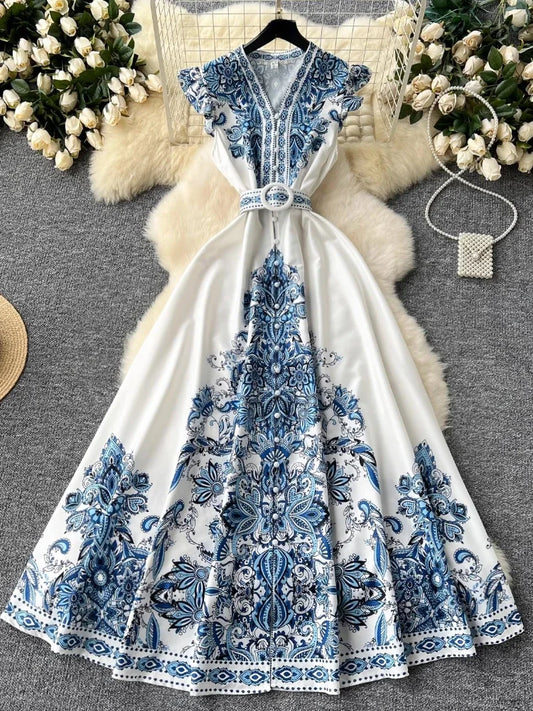 French Fashion Bohemian Vintage Dress Women Aesthetic Print Single Breasted Belted Clothes New Design Retro Long Dresses Summer