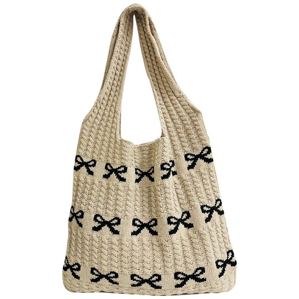 Women Aesthetics Handbag Large Capacity Bow Pattern Fashion Woven Bag Multifunctional Daily Shoulder Bag for Shopping Traveling