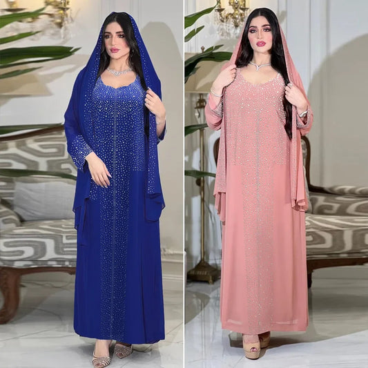 Eid Party Dresses for Women Diamonds Jalabiya Muslim Abaya Dubai Turkey Kaftan Islamic Clothing Ramadan Morocco Abayas Dress New