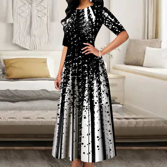 Women's Elegant Party Long Dresses Loose Round Neck Short Sleeves Retro Printed Casual Long Dress 2024