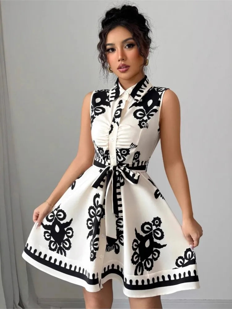 Summer New Fashion Casual Dress For Women Elegant Solid Sleeveless Turn-down Collar Lace Up Office Holiday Dresses Robe Femme