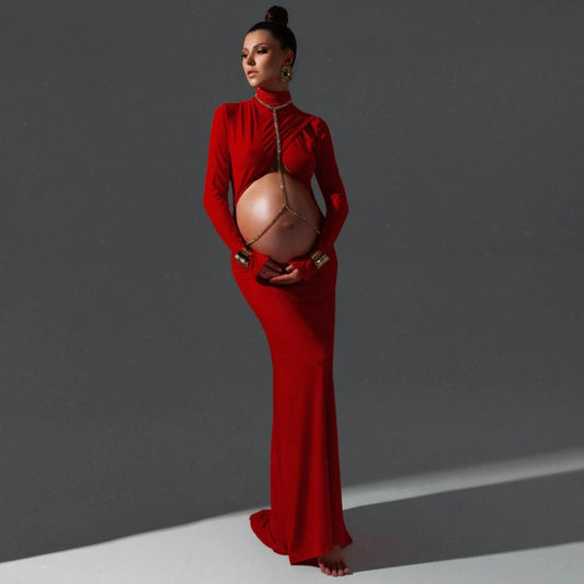 Sexy Elegant Maternity Photography Gown Expose Pregnant Belly Dress Photo Shoot Pregnant Red Floor Mopping Dress