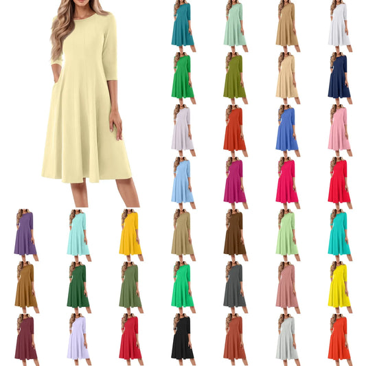Women's Casual Dresses Fashion Autumn Round Neck Three Quarter Sleeve Solid Color Dress Vintage Elegant A-line Simple Costume