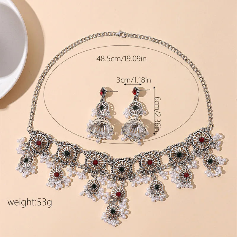 Vintage Jewelry For Woman Metal Hollow Design Jewelry Sets Simulated Pearl Tassel Necklace Earrings Set For Women Gift
