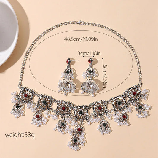 Vintage Jewelry For Woman Metal Hollow Design Jewelry Sets Simulated Pearl Tassel Necklace Earrings Set For Women Gift