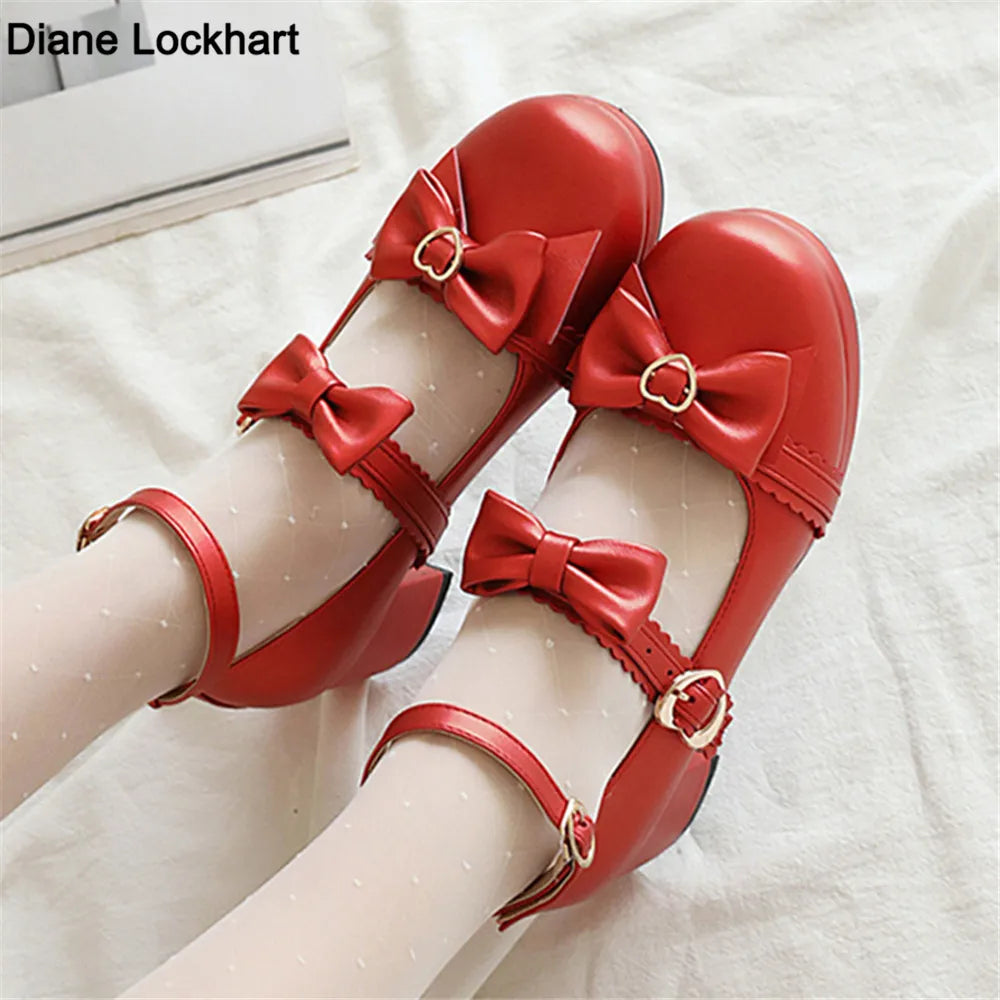 2024 Spring Autumn New Women Pumps Lolita Platform High Heels Red Black Lace Mary Jane Bow Block Heel Ladies Party Shoes 31-43