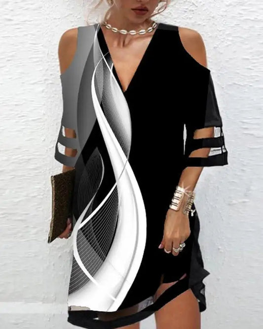 Dresses for Women 2025 Summer Fashion  Abstract Print Colorblock Cold Shoulder Contrast Mesh Casual Female Mini A Line Dress