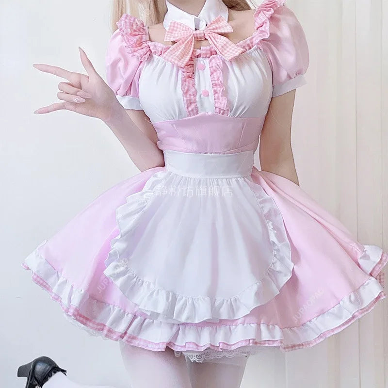 Japanese Lovely Maid Plaid Costumes Soft Girl Halloween Gothic Waitress Sweet Pink Dress Cute Bow Apron Maid Role Play Costumes