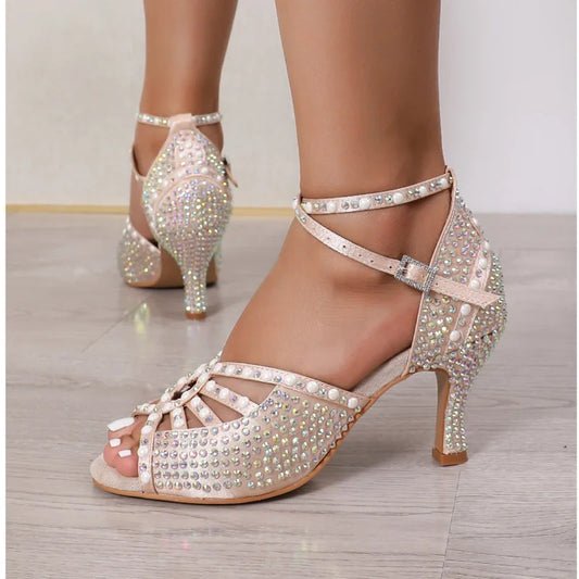 Women Salsa Party Ballroom Shoes Latin Dance Shoes Big Small Rhinestones Shining Bronze Skin Black Satin Cuba Heel