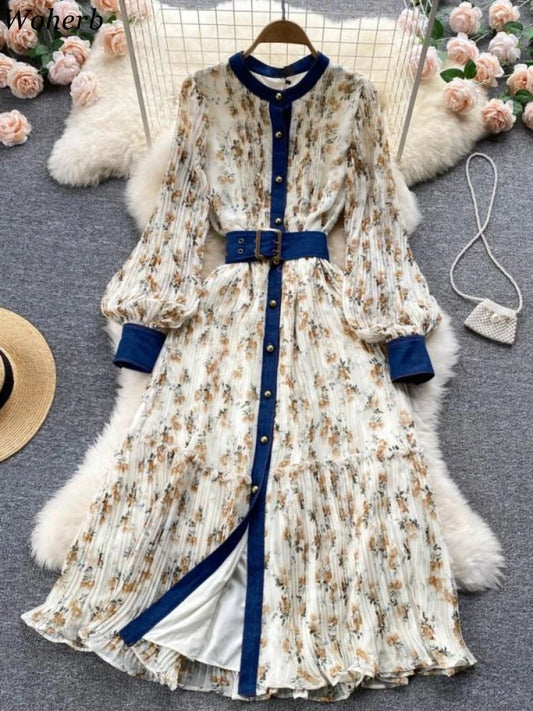 Women Temperament Maxi Dresses Vintage Printing Belt Tunic Party Dress Autumn Bohemian Pleated Fashion 2025 Vestidos De Mujer Wj