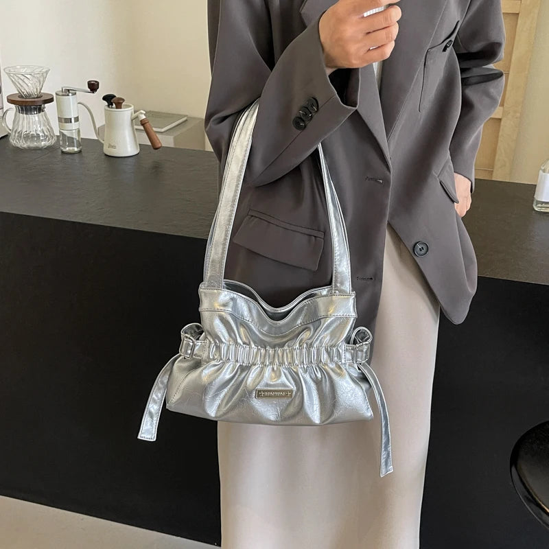 Women's Bag PU Ruched Fashion Shoulder Bag Pleated Solid Color Handbag Large Capacity Underarm Bag Stylish Armpit Bag Tote Purse