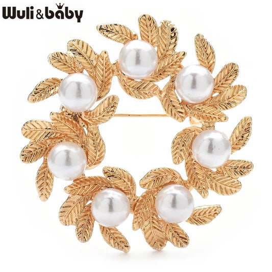 Wuli&baby Pearl Wreath Brooches For Women Unisex 2-color Circle Flowers Party Office Brooch Pins Gifts
