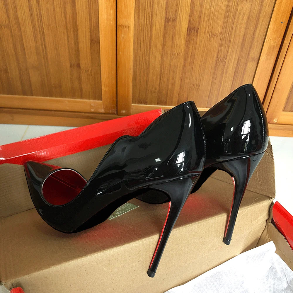 Tikicup Elegant Fashion Curl Cut Women Pointy Toe 12cm High Heel Shoes Sexy Glossy Black V Cut Party Celebrity Stiletto Pumps