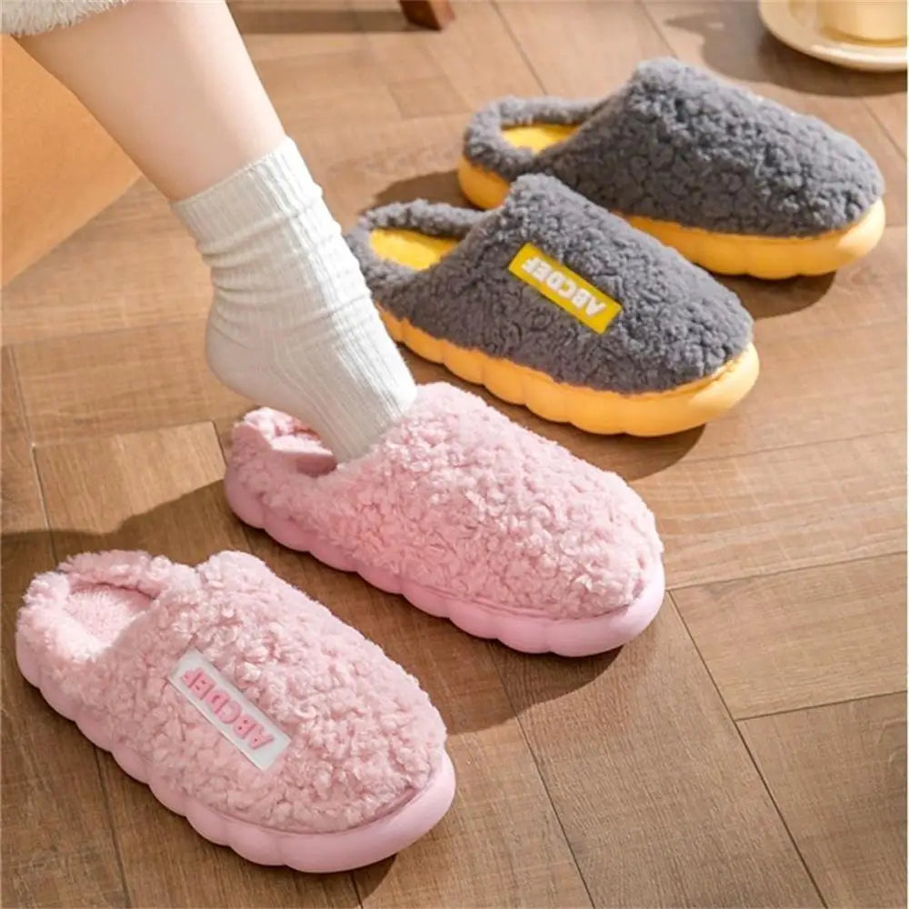 Women Winter Warm Home Slippers Thicken Indoor Boy Girl Floor Slides Plush High Heels Fur Cotton Shoes Ladies Couples Slipper