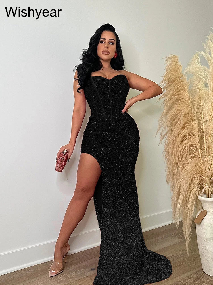 Wishyear Sequined Strapless Tunic High Side Split Bodycon Midi Maxi Dress for Women Wedding Sexy Club Even Party Birthday Luxury