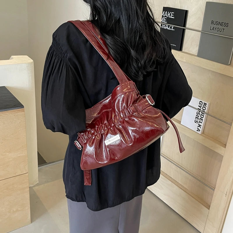 Women's Bag PU Ruched Fashion Shoulder Bag Pleated Solid Color Handbag Large Capacity Underarm Bag Stylish Armpit Bag Tote Purse