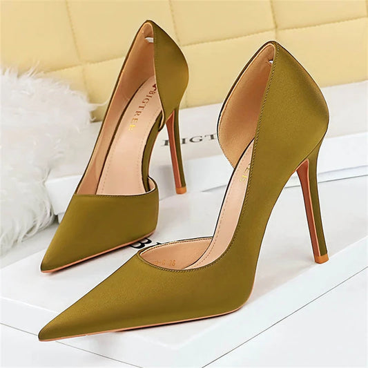 BIGTREE 2023 New Woman Pumps Satin Shallow Mouth Pointed Side Hollow Out Thin Women's Shoes Single Wedding Fetish  Dress Shoes